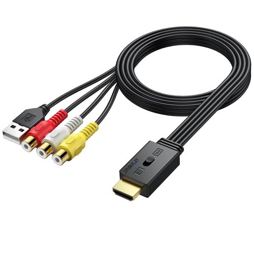 HUAG-AUTOUTLE Convertisseur RCA vers HDMI 1080P - Adaptateur AV 16:9/4:3, PAL/NTSC avec Câble RCA Femelle 60cm pour Wii, PS1/PS2, Xbox, DVD/VHS/VCR