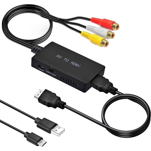 HUAG-Adaptateur RCA vers HDMI 1080P AV vers HDMI - Adaptateur RCA vers HDMI avec câble HDMI pour PS2/PS3/Xbox/SNES/N64/STB/VHS/VCR - DVD - Prend en charge PAL/NTSC