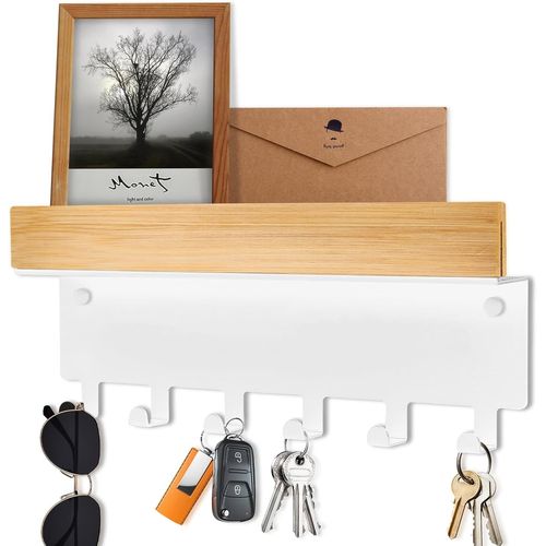 Huag-Porte Clé Mural En Bois Avec Étagère \U2013 Accroche Clef Mural Blanc Moderne Avec 6 Crochets Pour Clés, Idéal Pour Couloir, Cuisine Et Entrée