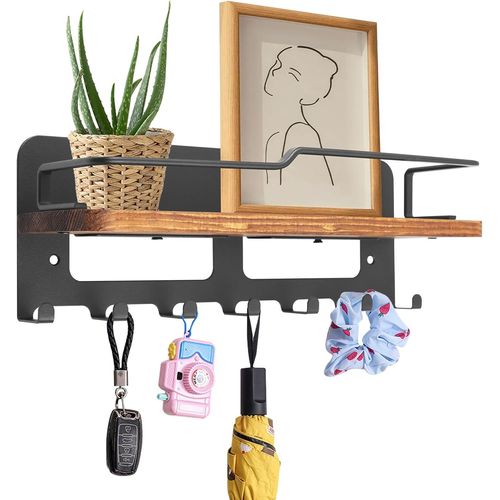 Huag-Porte-Clés En Bois Noir Avec 7 Crochets - Organiseur Mural - Étagère Murale Rustique - Pour Bureau, Couloir
