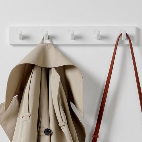 HUAG-Porte Manteau Mural Blanc - 5 Crochets - 43 cm - Patere Murale Bois pour une Entrée, Chambre, Salle de Bain et Vestiaire