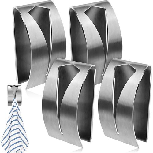 HUAG-4 Pièces Patère Autocollant Salle de Bain, Patère Torchons Cuisine Porte Serviette Adhésif, Porte Torchons Autocollante Attache, Attache Torchon Mural en Acier, pour serviettes de bain, aucun pe