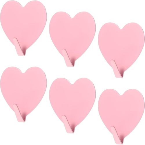 HUAG-Lot de 6 crochets autocollants en forme de c?ur - En acier inoxydable rose - Pour porte, couloir, salle de bain, cuisine, bureau - En forme de c?ur - Crochets adhésifs pratiques (rose)