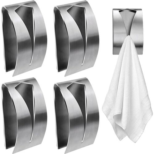 HUAG-4 Pièces Patère Autocollant Salle de Bain,Attache Torchon Mural Salle de Bain en Acier Inoxydable,Accroche Porte Torchon Autocollante Cuisine,Porte Serviette Sans Percage,Argent