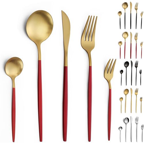 Shiba-Couverts De Table, 30 Pièces De Couverts Pour 6 Personnes, Couverts Inox, Couverts Or Et Rouge, Set Couverts De Table Avec C[1