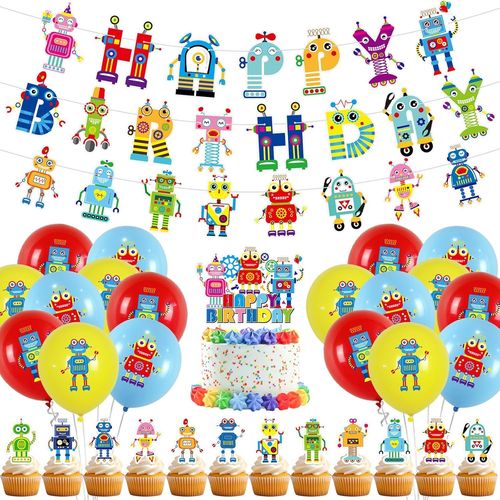 Décoration De Fête D'Anniversaire Robots, Incluant Des Bannières Happy Birthday, Des Décorations De Gâteaux, Des Décorations De Cupcake Et Des Ballons, Accessoires De Fête D'Anniversaire Rob[H2465]