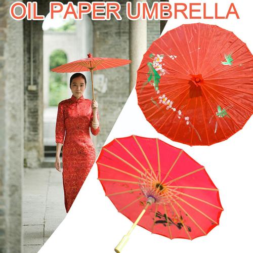 Inj173-Parapluie En Papier Chinois Vintage, Fleur Rouge, Poignée De Décor En Bambou, Parasol Rouge, Accessoires De Mariage, Huile De Photo De Danse, P V2p4