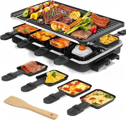 Appareil A Raclette, Appareil Raclette 8 Personnes, Avec 1 Grille À Raclette Réversible Antiadhésive Et 8 Mini Poêlons À Raclette En Fromage Et 1 Spatule En Bois, Pour Le Barbecue [MIN5280915]