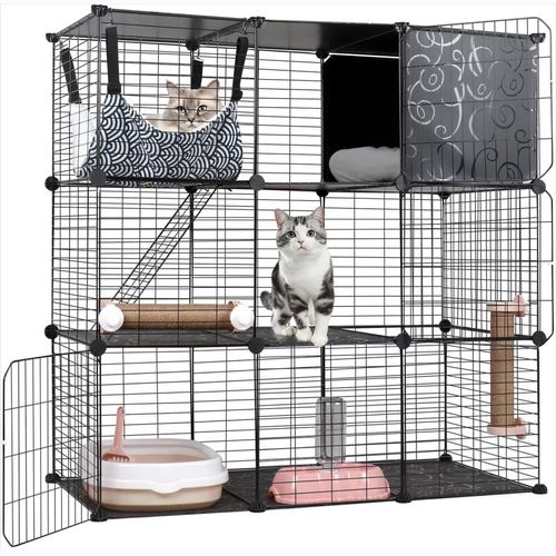 Cage Pour Chats Intérieur, Enclos Diy À 3 Niveaux Avec Grand Hamac, Maisonnette Pour Chats En Fil Métallique Avec Bac À Litière, Lit Pour Chat, Griffoirs Et Escaliers Pour 1-2 Chats