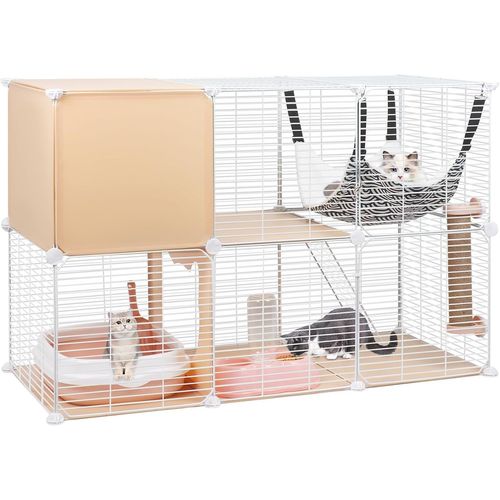 Cage Pour Chats Intérieur, Enclos Diy Avec Grand Hamac, Maisonnette Pour Chats En Fil Métallique Avec Bac À Litière, Lit Pour Chat (109l X 46w X 74h Cm)