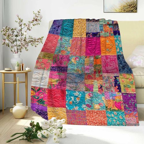 Couverture Patchwork Imprimée Colorée, Jeté Douillet Pour Hommes Et Femmes, Décoration Artistique Pour Canapé, Canapé Ou Lit, Cadeau Pour Les Amateurs D'art, 60 X 80 Pouces