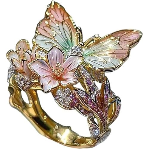 Bague Ouverte Rose En Forme De Papillon Pour Femme, Bague En Émail, Bague En Forme De Papillon, Bague En Forme De Papillon Brillant Tendance Pour Femme (Forme Q, Taille Unique)