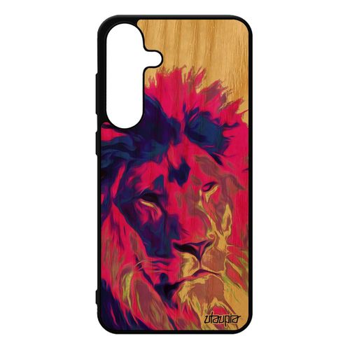 Coque De Protection Pour Samsung S25+ Plus En Bois Et Silicone Lion Smartphone Pop Art Animal Roi Design Animaux Rose Pochoir Case Pour Galaxy
