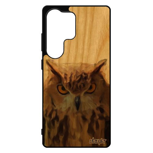 Coque En Bois Pour Galaxy S25 Ultra Et Silicone Hibou Design Noir Animaux 4g Animal Oiseau Marron Pas Cher De Protection Gel Pour Samsung