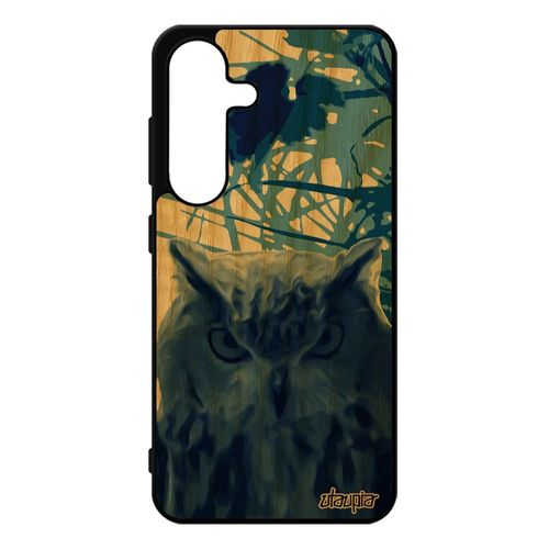 Coque En Bois Silicone Pour Samsung Galaxy S25 Hibou Rigide Case Animal Design Housse Feuilles Oiseau Nature Souple Bleu Animaux Chouette