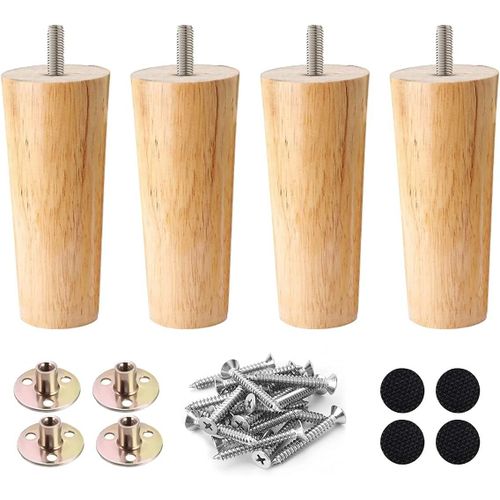 Lot De 4 Pieds De Meubles En Bois Massif De 15 Cm Avec Trous Pré-Percés Avec Plaques De Montage, Vis, Patins Antidérapants Pour Canapés, Tables Et Chaises[Jia5286847]