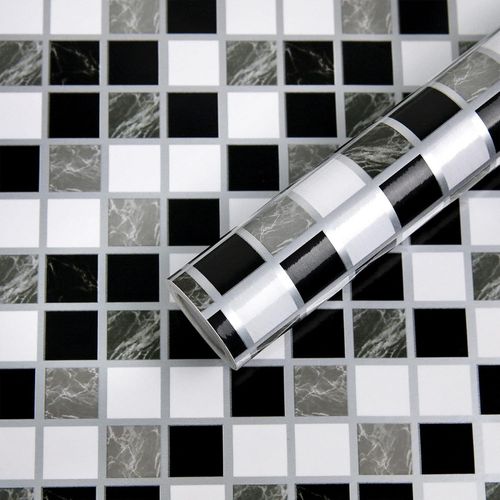 Mosaïque Adhésive Carrelage De Marbre Imperméables Pour Salle De Bains Et Cuisine, Noir Et Blanc Rouleau Adhésif Pour Meuble, Carrelage Papier Peint Adhésif Mural 30 X 300Cm[JIA5289382]
