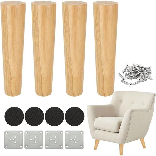 Lot De 4 Pieds De Canapé Bois Massif De 20 Cm, Pieds De Meuble En Bois De Rechange Avec Plaques De Montage Et Vis Pour Canapé, Armoire, Chaise, Lit, Meuble Tv[JIA5286530]