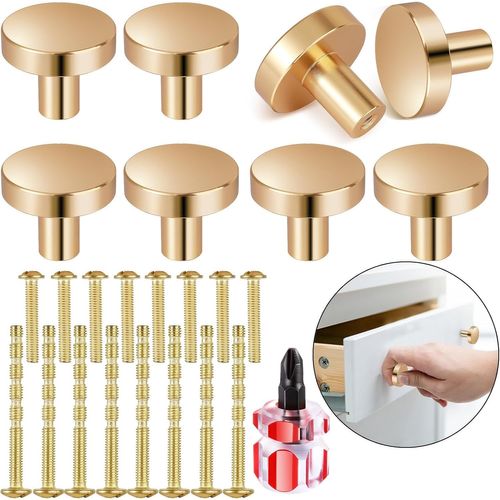 8 Pcs Boutons De Portes Pour Placards Dorée, 25 * 30Mm Doré Ronds Poignée Meuble Avec 16 La Vis Et 1 Tournevis, Bouton De Meuble De Placard, Rond Poignée Meuble Laiton Pour Commode[JIA5288249]