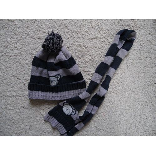 Ensemble Bonnet &#43 Écharpe Bébé Garçon Motif Ourson Taille 3/6 Mois Idée Cadeau