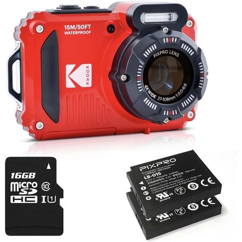 CLOUDDS_Pixpro Pack Wpz2+2 Batteries+1 Carte Sd-Appareil Photo Numérique Compact 16M Pixels,Etanche À 15M,Anti-Choc,Video 720P,Ecran Lcd 2,7-Batterie Li-Ion-Rouge