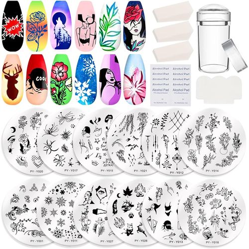 Ytseazn-Nail Art Stamping Tampon 12 Pcs Nail Art Plaque D'ongles Avec 1 Tampon 1 Grattoir 3 Éponges 10 Tablette De Coton,Stamper Diy Nail Art Image Timbres Plaques,Motif Papillon Fleur Feuille Animal 