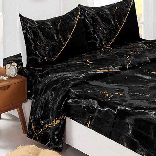 Parure Drap Housse, Drap Plat Et Taie D'oreiller 51x75cm - Motif Marbre Draps Housses Microfibre Avec Bonnet 40cm, Pour Adultes Enfant, Lit 1 2 Personnes (140x190cm-4 Pieces,Marbre Noir)