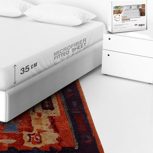 2 Pièces Housse De Matelas Fitted (90x190+35cm)-Polycoton Draps De Lit Blanc Avec 1 Taie D'oreiller - Ensemble De Draps Respirants Pour Lit Simple - Hipoallergénique