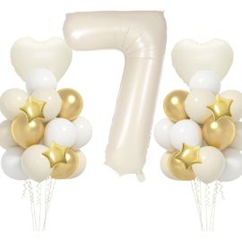 ChenQuanSarl- Ensemble Anniversaire 7 Ans Couleur Crème - 17Pcs Avec Grand Ballon Foil Numéro 7, 101Cm Ballons De Baudruche, Décoration Birthday Vole Grâce À L'Hélium