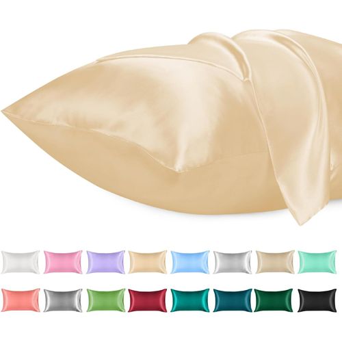 Chenquansarl-Lot De 2 Taies D'oreiller Satin Similaires À La Soie, Infroissables, Satinées Housse D'oreiller Douces Prend Soin De Votre Peau Et Antichute De Cheveux (Champagne, 50 X 75 Cm)