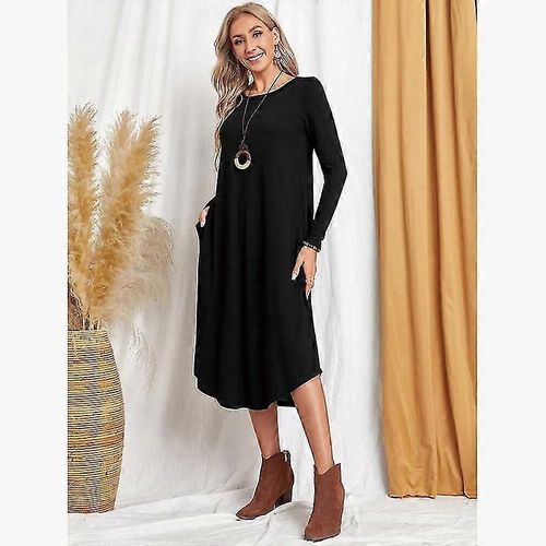 Robe Décontractée À Manches Longues De Couleur Unie. Robe Ample Avec Un Ourlet Arrondi
