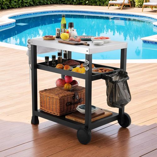 Chariot Pour Barbecue 3 Étagères,Chariot Pour Plancha,Desserte Jardin Avec Crochets Roulettes,Desserte Extérieure Service Inoxydable