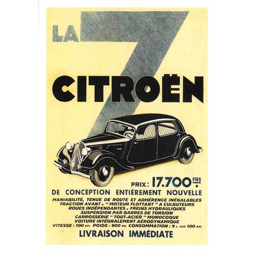 Très Belle Carte Postale Neuve. Imitation D'Une Publicité Ancienne Pour La Citroën Traction 7 Cv, État Neuf.