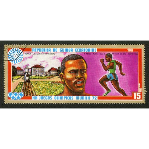Timbre Oblitéré Republica De Guinea Ecuatorial, Xx Juegos Olimpicos Munich 72, Keino Kenia 1500 M Medalla De Oro Mexico 1968, 15 Ptas