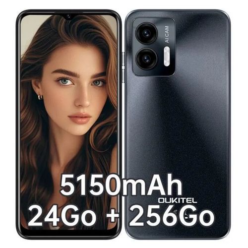OUKITEL C36 Android 14 24 Go + 256 Go / 1 To 6.56" HD+ 90Hz Écran 5100mAh, Camera 13MP+5MP, Double SIM/Empreinte Digitale + Identification faciale - Noir