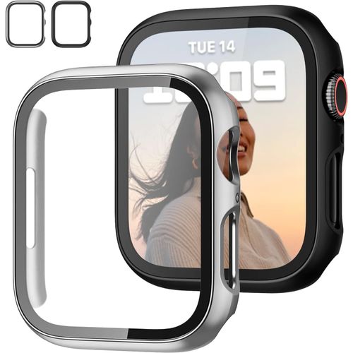 2 Morceaux De Couverture De Protection Pour Apple Watch 7 41 Mm,Protection D'affichage En Verre Dur Pour Iwatch,Noir + Argent