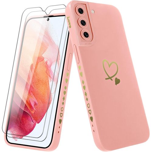 Coque Pour Samsung Galaxy S21 5g Avec 2 Verre Trempé, Etui Fille Avec Or Motif Coeur Souple Tpu Silicone Antichoc Anti-Rayures Housse Compatible Avec Samsung Galaxy S21 5g, Rose[Pro52902579]