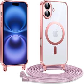 Coque Pour Iphone 16 Plus 6,7 Pouces Avec Cordon, Etui À Transparente Housse Compatible Avec Magsafe, Antichoc Protection Coque Pour Magnétique Avec Réglable Collier, Rose[Pro52904753]