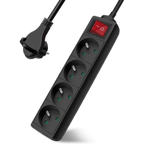 Multiprise 4 Prises avec Interrupteur Fiche Plate,Bloc 4 Prises,Rallonge 3m 230 V avec sécurité Enfant,Noir