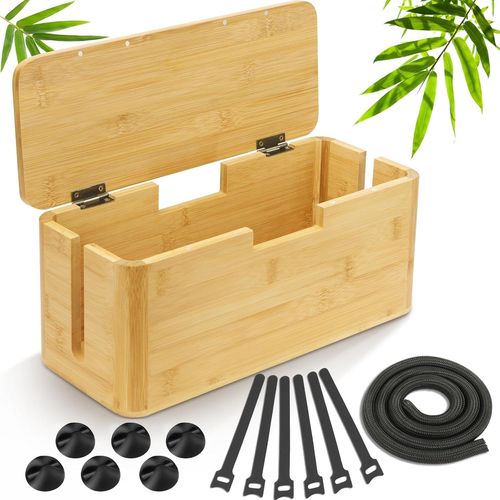 Boîte Cache câble en Bambou- Boite Rangement Cable-Cache multiprise-Boite multiprise- Boite Cable-Boite Rangement pour Cables chargeurs et multiprises,34 x13,5 x 14,5 cm