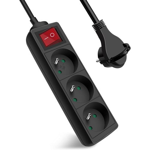 Multiprise 3 Prises avec Interrupteur Fiche Plate,Bloc 3 Prises,Rallonge 1.5m 230 V avec sécurité Enfant,Noir