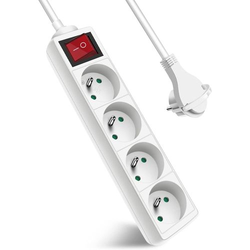 Multiprise 4 Prises avec Interrupteur Fiche Plate,Bloc 4 Prises,Rallonge 1.5m 230 V avec sécurité Enfant,Blanc