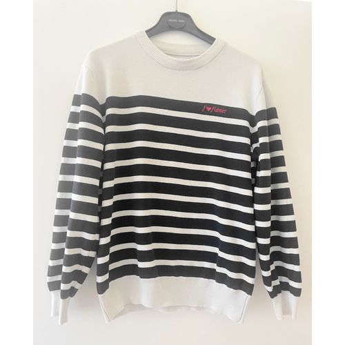 Pull Zara Coton Blanc À Grosses Rayures Marine Col Rond Medium