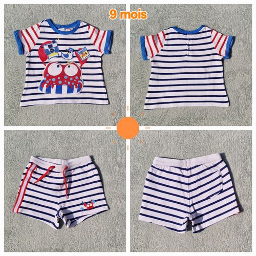 Ensemble Short &#43 T-Shirt Rayé Bleu Marine Et Blanc Dpam 9 Mois, Très Bon État