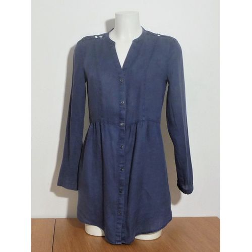 Tunique 100% Lin Bleu À Manches Longues Et Encolure En V- Taille 36- Promod