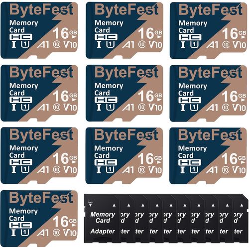 Lot De 10 Cartes Mémoire Microsd 16 Go + 10 Adaptateurs, Uhs-I U1 Tf Card Jusqu'À 80 Mo/S, A1 C10 V10 Fhd Vidéo, Micro Sdhc Pour Caméra De Sport/Surveillance/Dash Cam/Téléphone Portable