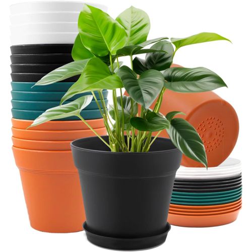 ChenQuanSarl-Lot De 16 Pots De Fleurs En Plastique De 15,5 Cm Avec Soucoupe, Grands Pots À Plantes, Multicolores, Avec Plusieurs Trous De Drainage, Cache-Pots À Herbes Aromatiques, Pour Bureau, Balco