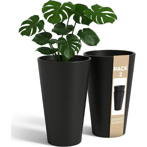 ChenQuanSarl-Pot De Fleurs Haut Pour Intérieur Grande Taille .(2 Pièces) Pour Extérieur, Balcon Et Terrasse. 30 Cm Bac A Fleurs Décoratifs En Plastique. (Pack 2 Noir Uni)