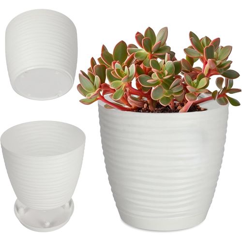 Chenquansarl-Pot De Fleurs En Plastique Avec Soucoupe, Cache-Pot Moderne Ornée D'un Élégant Motif Ondulé Pour Une Décoration Florale (Ronde, Blanc, 15 Cm)
