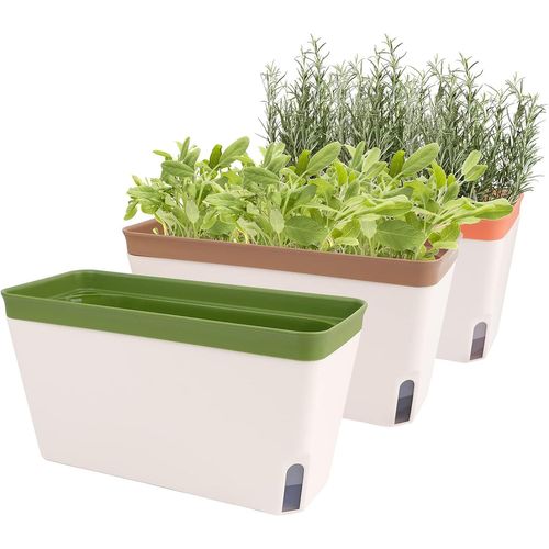 ChenQuanSarl-Lot De 3 Pots De Fleurs Rectangulaires À Arro Automatique De 26.7 Cm Pour Rebord De Fenêtre, Terrasse, Pots De Fleurs Avec Trou De Drainage Et Plateau Caché